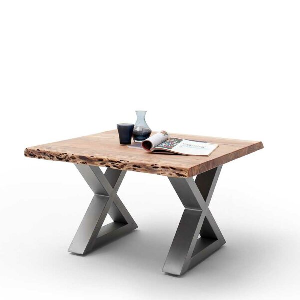 TopDesign Baumkanten Sofa Tisch aus Akazie Massivholz und Edelstahl Loft Design