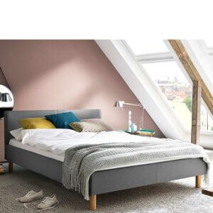 Homedreams Niedriges Bett in Hellgrau Webstoff Skandi Design