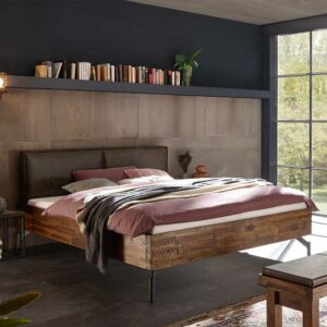 TopDesign Loft Design Bett aus Akazie Massivholz Polsterkopfteil in Dunkelbraun