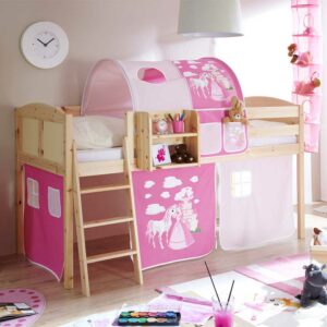 Massivio Kinder Hochbett aus Kiefer Massivholz Vorhang und Tunnel im Prinzessin Design