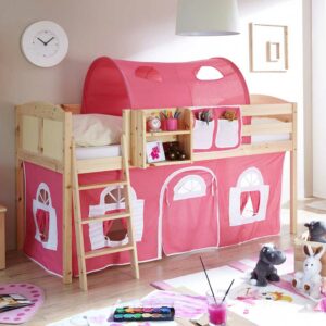 Massivio Mädchen Hochbett in Pink und Weiß Kiefer Massivholz