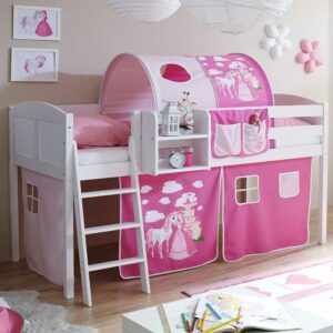 Massivio Kinderhochbett aus Kiefer Massivholz und Webstoff Weiß und Pink