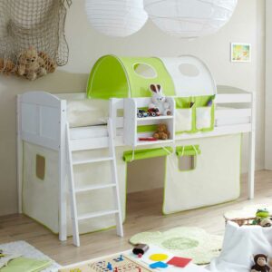 Massivio Kinderzimmerbett in Weiß und hell Grün Hängeregal