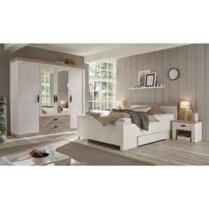 Brandolf Landhaus Schlafzimmer Set mit 140x200 cm Bett Weiß und Pinienfarben (vierteilig)