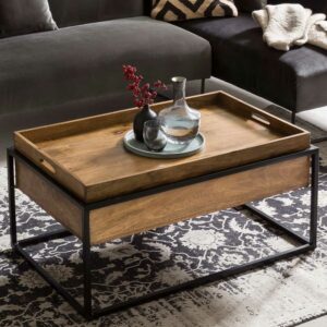 Möbel Exclusive Wohnzimmertisch aus Akazie Massivholz und Metall abnehmbarem Tablett