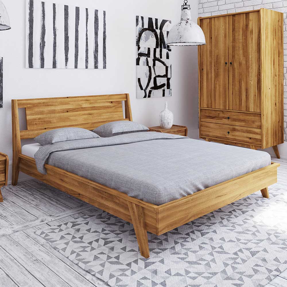 Basilicana Niedriges Bett aus Wildeiche Massivholz Retro Design