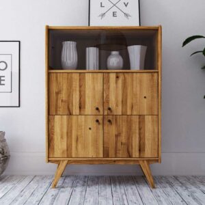 Basilicana Wohnzimmer Highboard aus Wildeiche Massivholz Retro Look