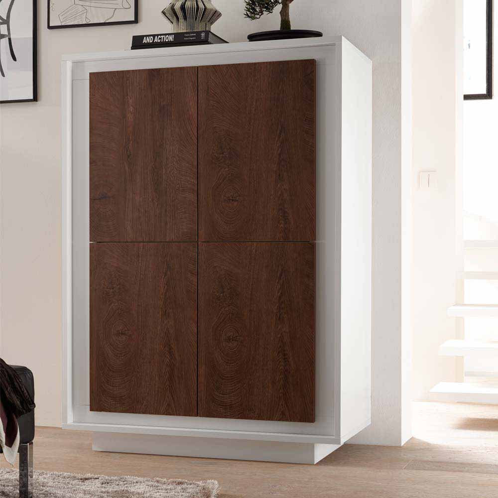 Homedreams Wohnzimmer Highboard in Weiß Eiche Cognacfarben 4 türig