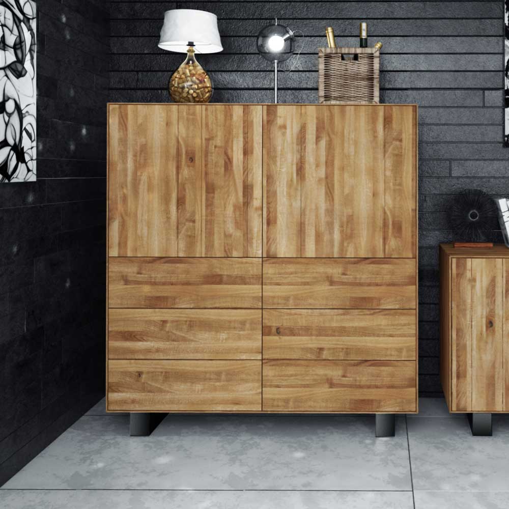 Basilicana Wohnzimmer Highboard aus Wildeiche Massivholz Stahl