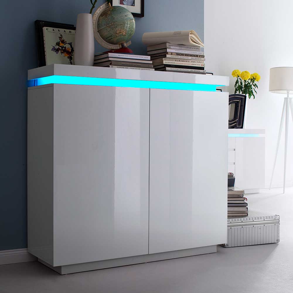 TopDesign Sideboard mit LED Farbwechsel Beleuchtung Weiß Hochglanz