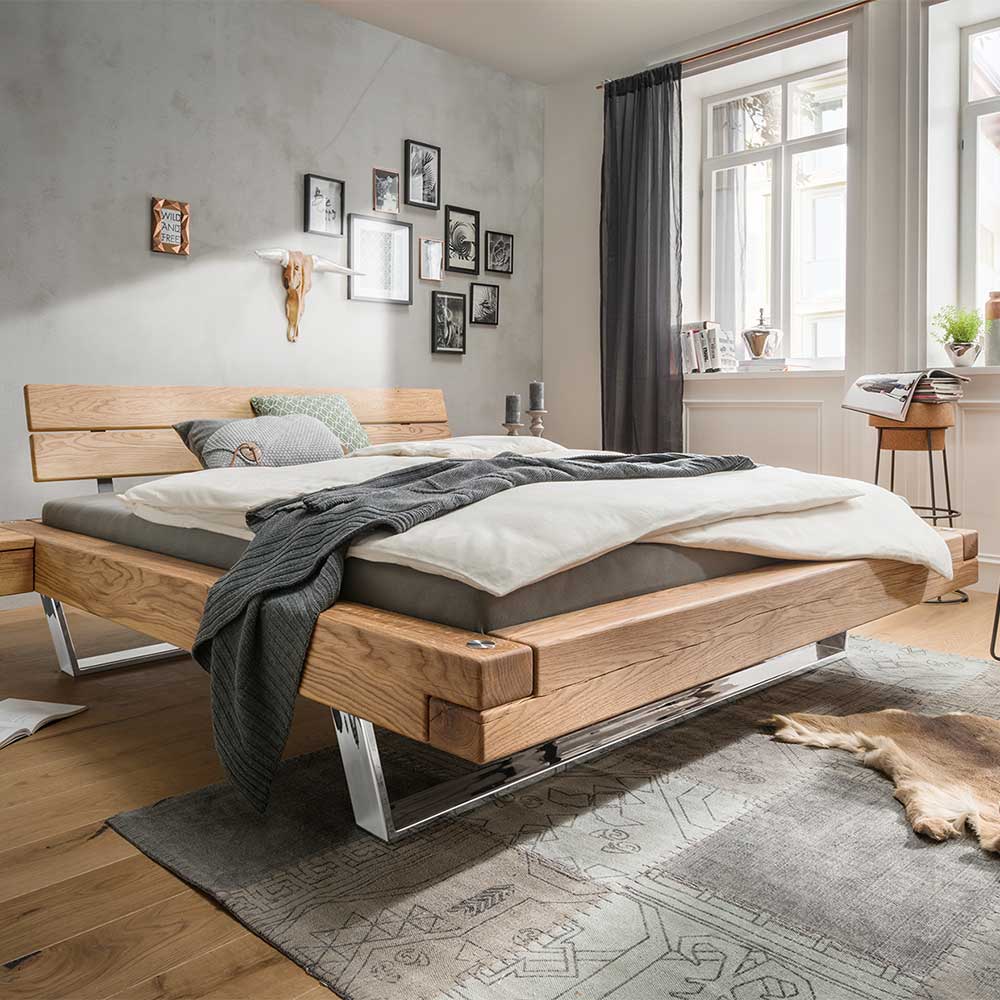 Möbel4Life Bett aus Wildeiche Massivholz Kufengestell aus Edelstahl