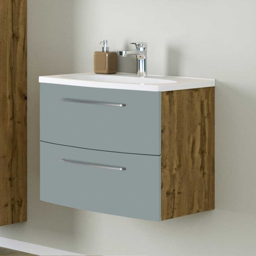 Star Möbel Design Waschtischunterschrank in Graugrün und Wildeiche Optik zwei Schubladen