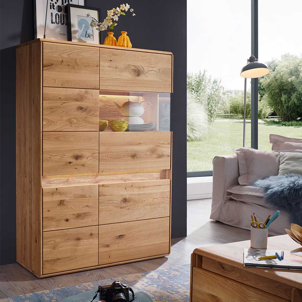 Basilicana Esszimmer Highboard aus Wildeiche Massivholz LED Beleuchtung