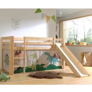 4Home Halbhochbett Kinder mit Rutsche Vorhang Set Dino