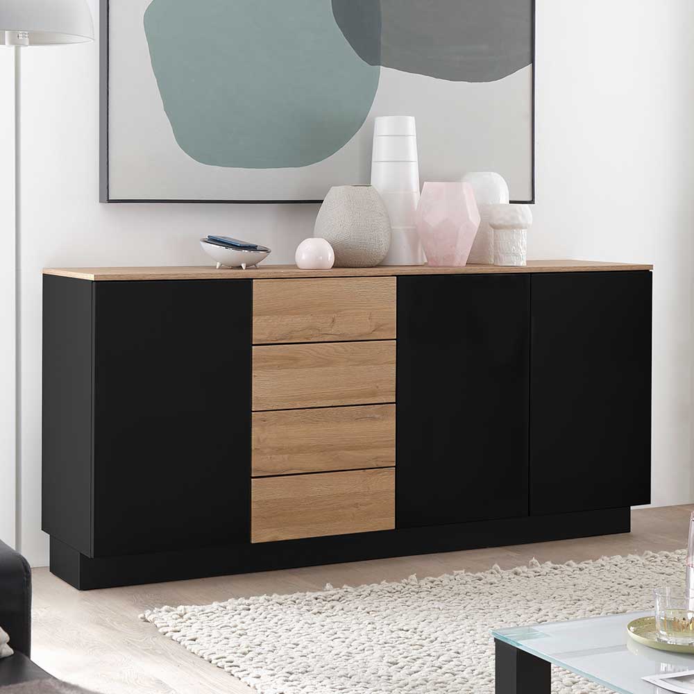 Brandolf Wohnzimmer Sideboard in Schwarz Hochglanz und Wildeiche Optik 85 cm hoch