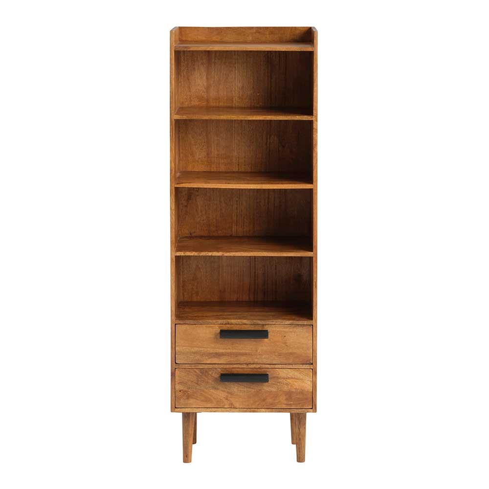 Möbel Exclusive Bücherregal massiv Holz in Cognac Braun zwei Schubladen