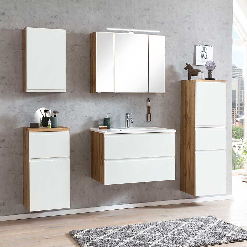 Star Möbel Waschplatz Set mit Spiegelschrank in Wildeichefarben Weiß (fünfteilig)