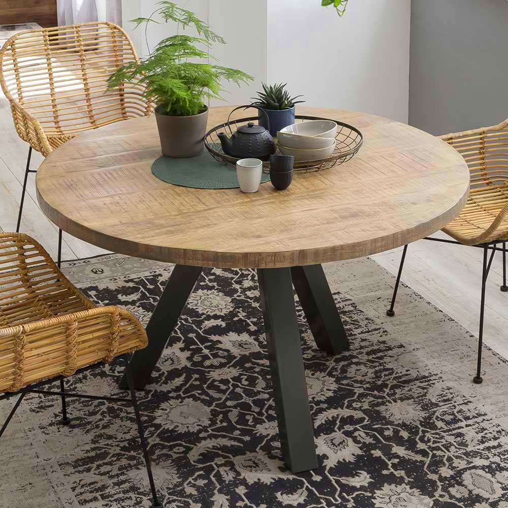 Möbel Exclusive Runder Tisch aus Mangobaum Massivholz und Stahl Loft Design