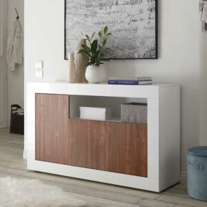 Homedreams Sideboard in Weiß Hochglanz und Nussbaum Optik 3-türig