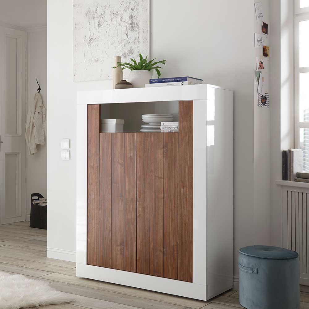 Homedreams Design Kommode in Weiß Hochglanz und Nussbaumfarben 110 cm breit