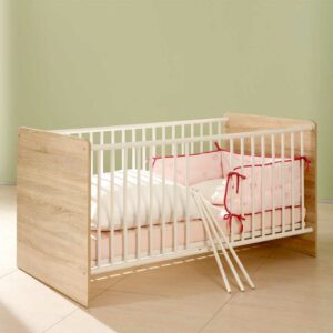 Massivio Baby Gitterbett in Weiß und Eiche Sonoma 80 cm hoch