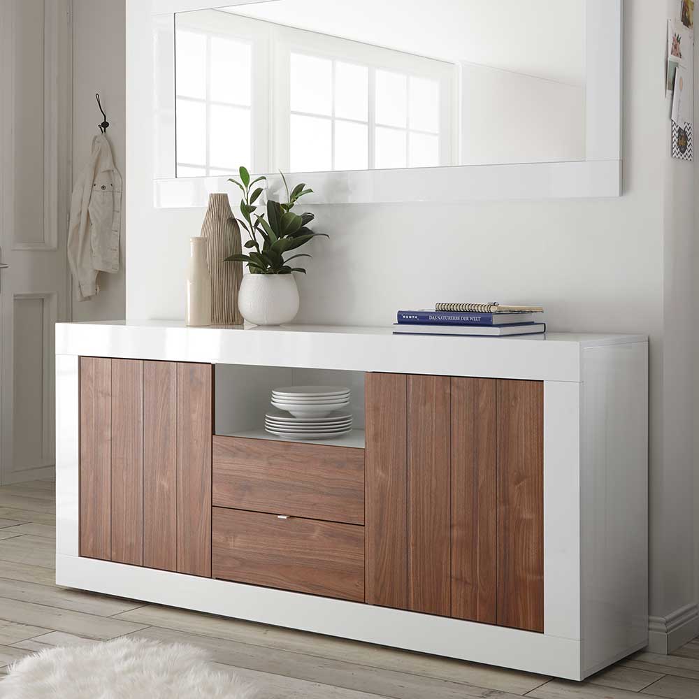 Homedreams Design Sideboard in Weiß Hochglanz und Nussbaumfarben modern