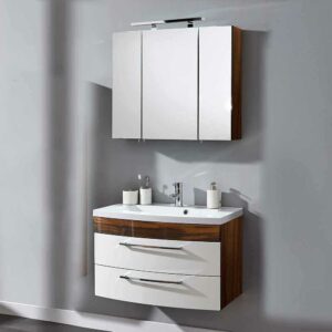 Möbel4Life Waschtisch und Spiegelschrank in Weiß Hochglanz Walnuss (zweiteilig)