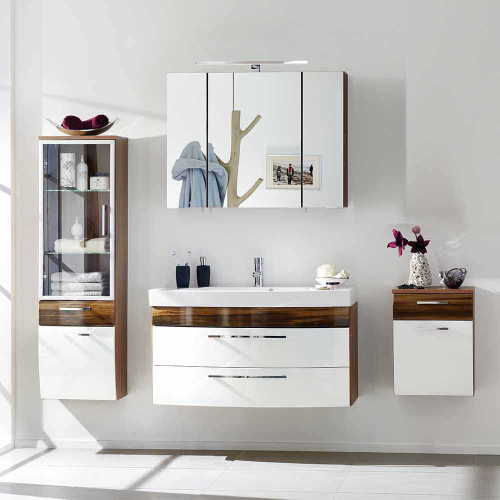 Möbel4Life Badezimmer Kombination in Weiß Hochglanz Walnuss modern (vierteilig)