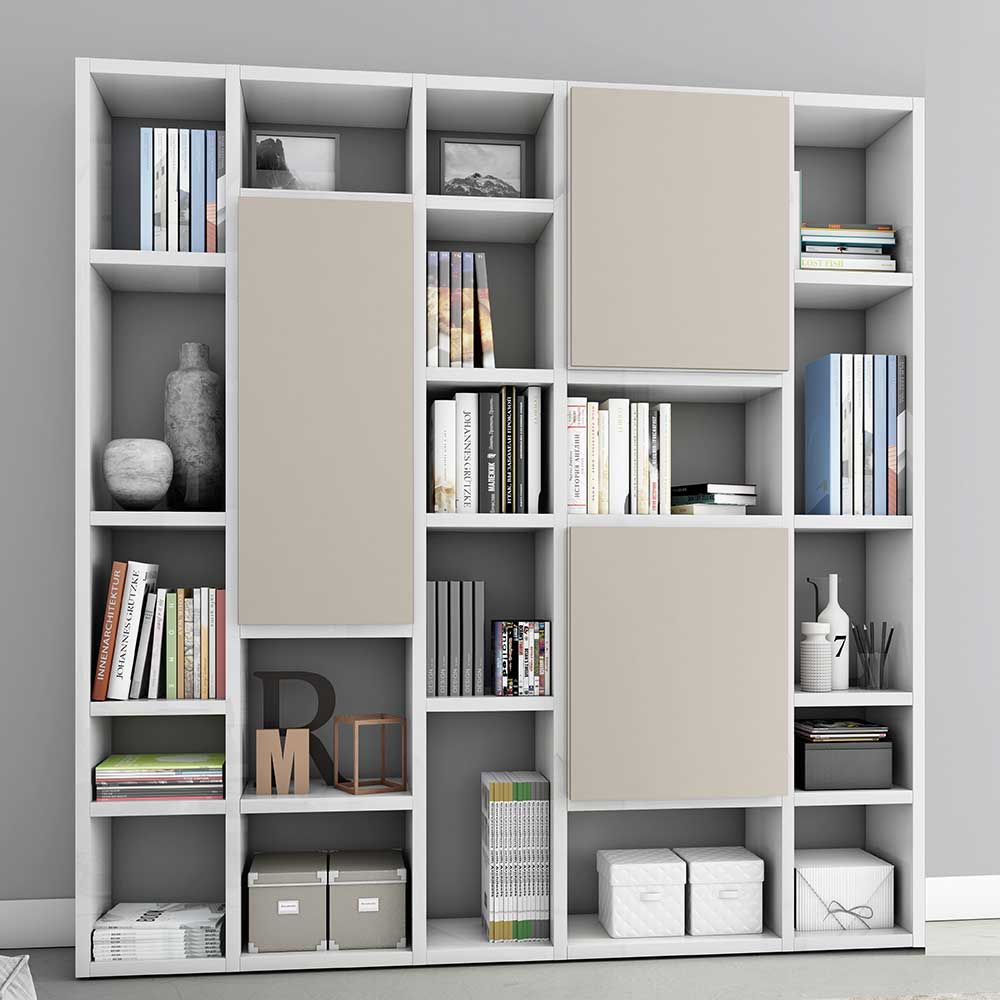 Star Möbel Hochglanz Bücherwand in Weiß und Beige Türen