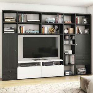 Star Möbel Design Wohnwand für Fernseher Eiche Schwarz Braun und Weiß Hochglanz