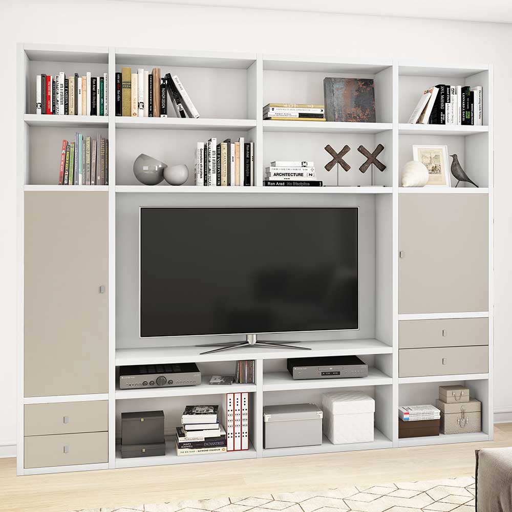 Star Möbel TV Regal in Weiß und Beige Türen und Schubladen