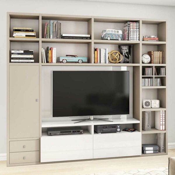 Star Möbel TV Wand in Beige und Weiß Hochglanz 221 cm hoch