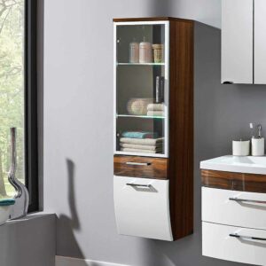 Möbel4Life Badezimmer Hochschrank mit Glastür Weiß Hochglanz Walnuss