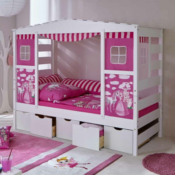 Massivio Mädchen Kinderbett in Weiß Rosa Schubladen