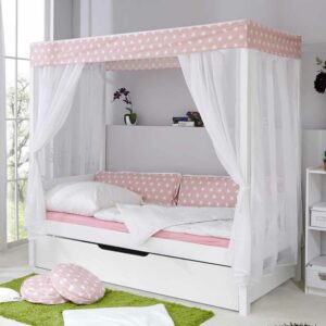 Massivio Kinder Himmelbett mit Ausziehbett Weiß Rosa