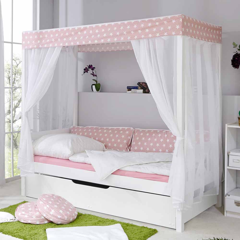 Massivio Kinder Himmelbett mit Ausziehbett Weiß Rosa