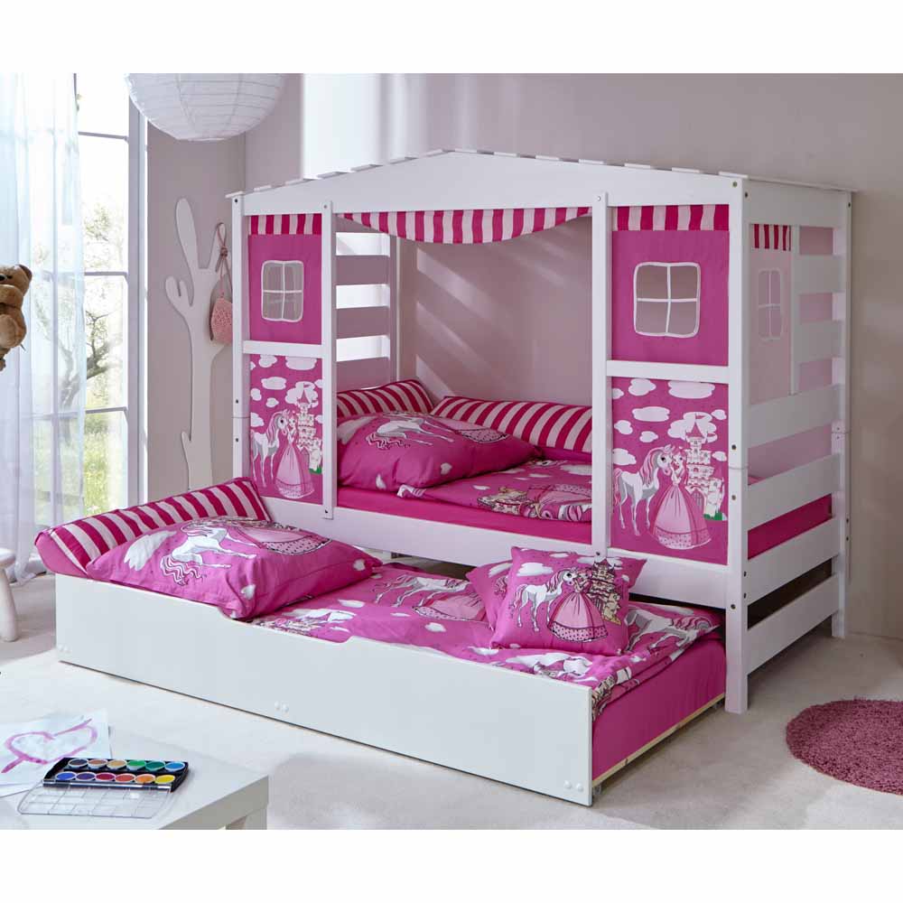 Massivio Prinzessin Bett mit Ausziehbett Weiß Rosa