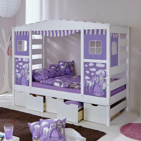 Massivio Schubladen Kinderbett in Prinzessin Design Weiß Lila