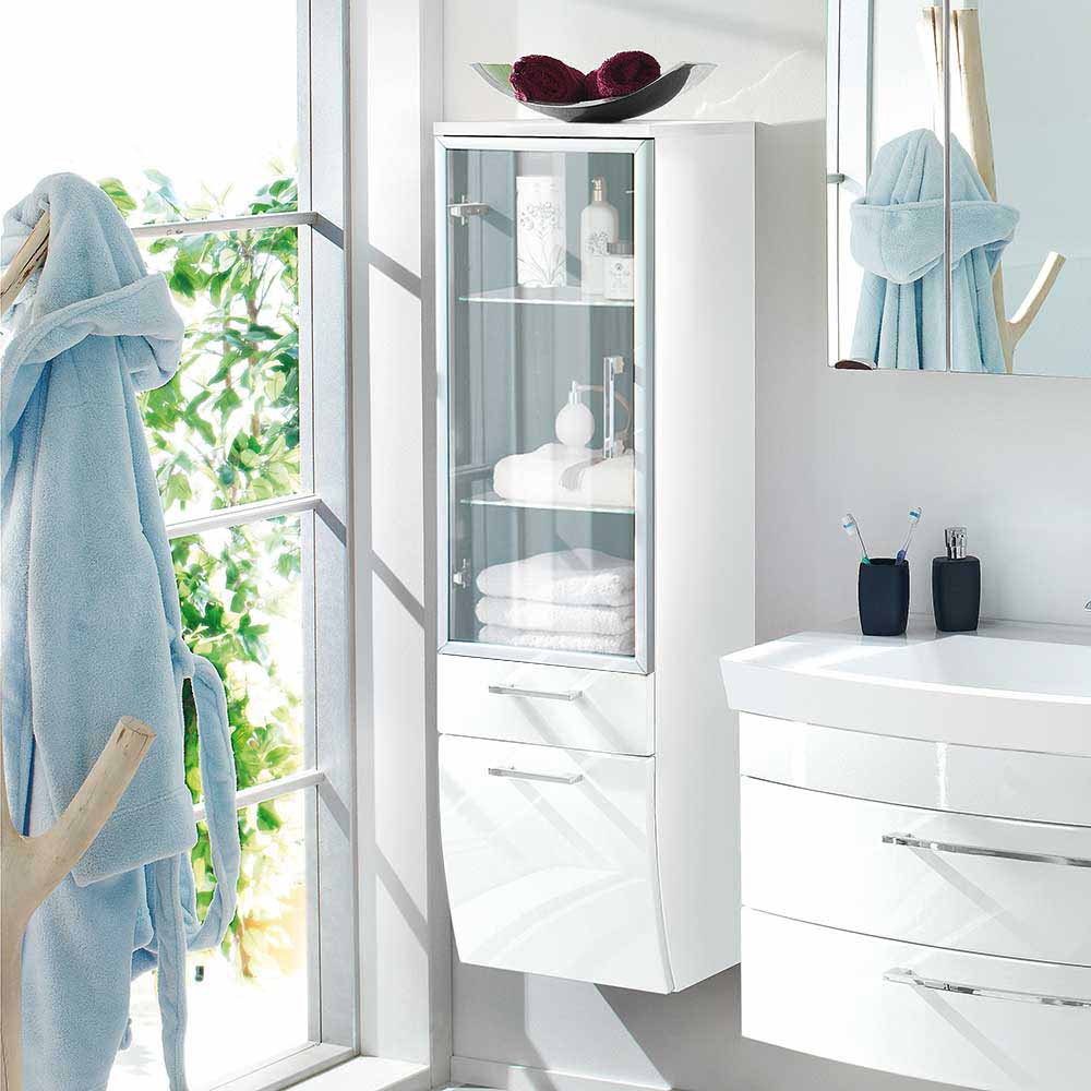 Möbel4Life Badezimmer Hochschrank mit Glastür Weiß Hochglanz