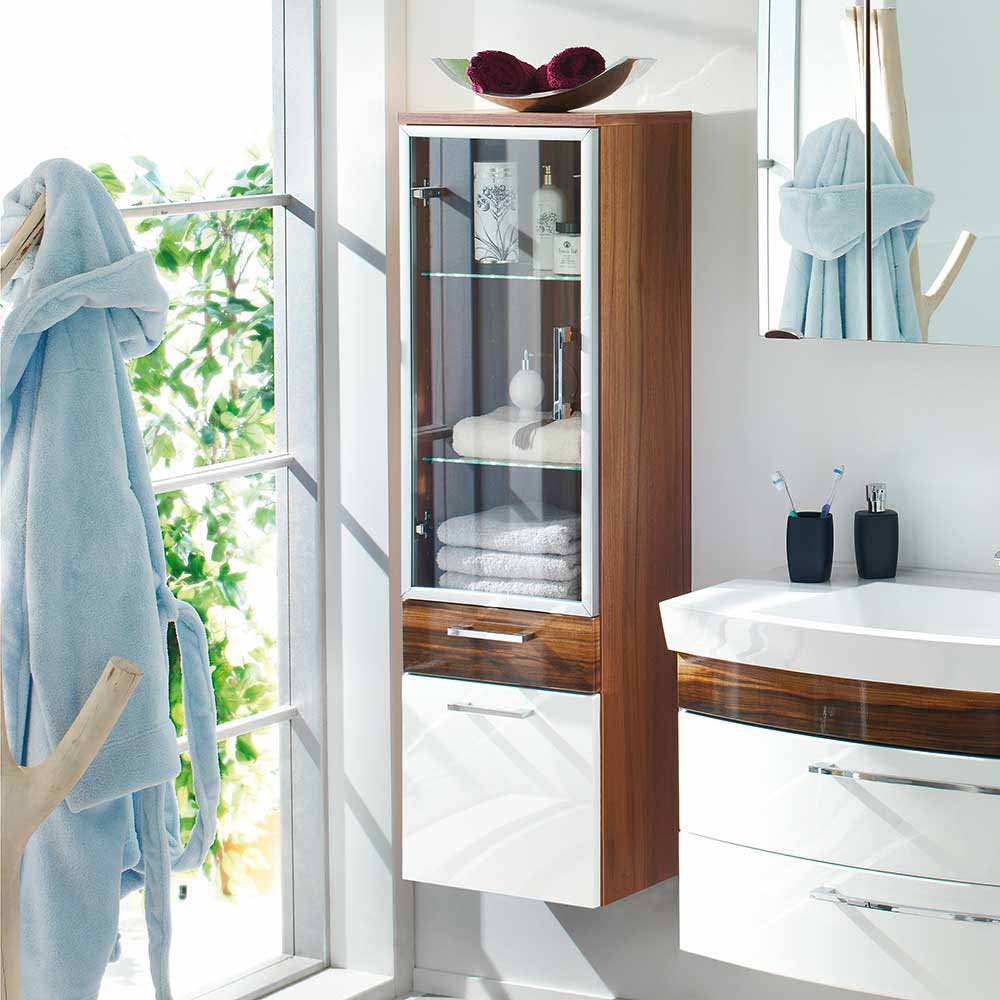 Möbel4Life Badezimmer Hochschrank mit Glastür Hochglanz Weiß Walnuss