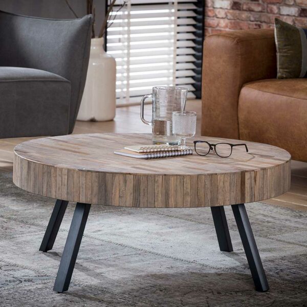 Rodario Runder Wohnzimmertisch mit Teak Massivholzplatte 4-Fußgestell