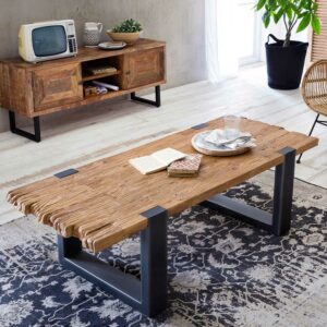 Möbel Exclusive Design Wohnzimmertisch Teak Recyclingholz und Metall 130 cm breit