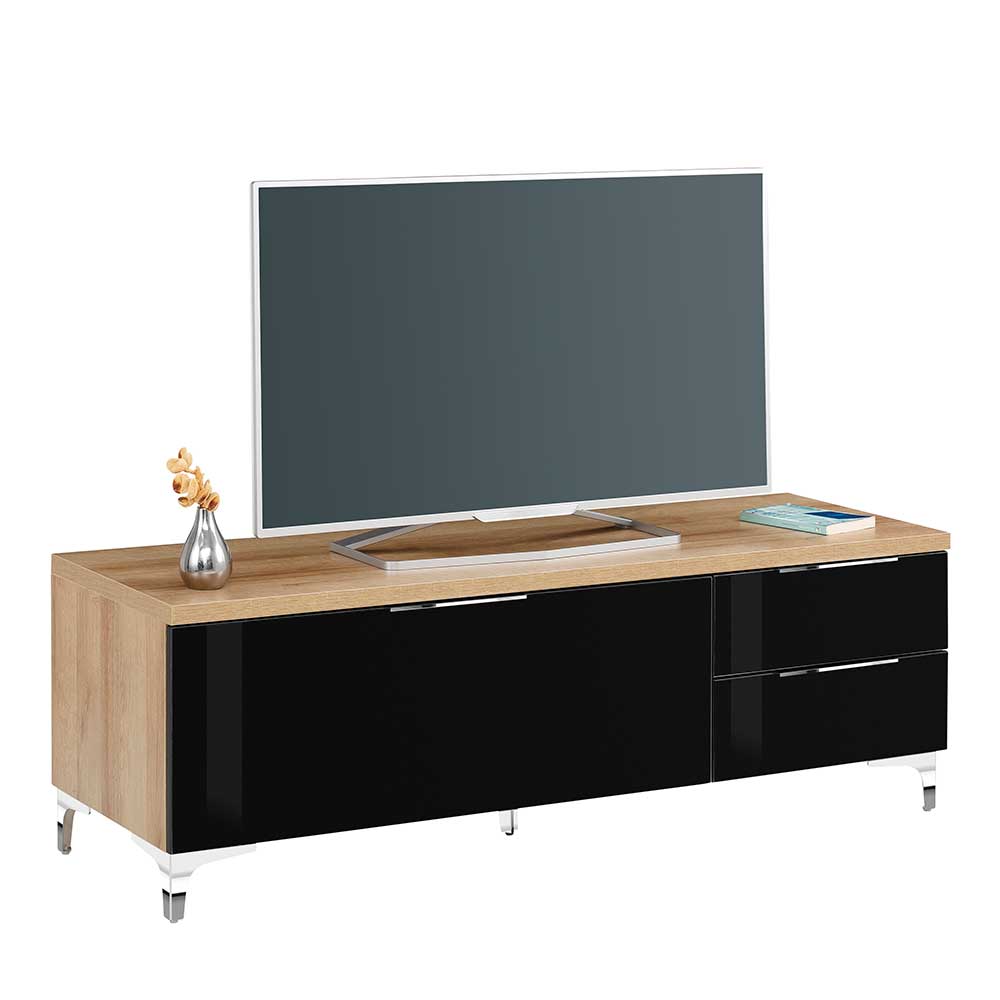 Müllermöbel TV Board in Eiche und Schwarz Glas beschichtet 135 cm breit