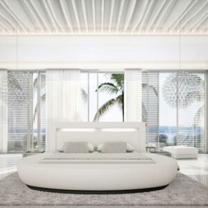 Rodario Rundes Polsterbett in Weiß Kunstleder LED Beleuchtung
