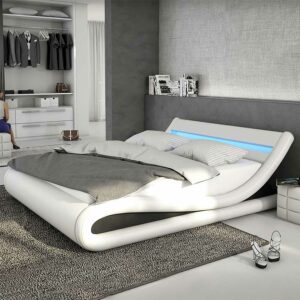 Rodario Tiefes Bett in Weiß und Schwarz Kunstleder LED Beleuchtung