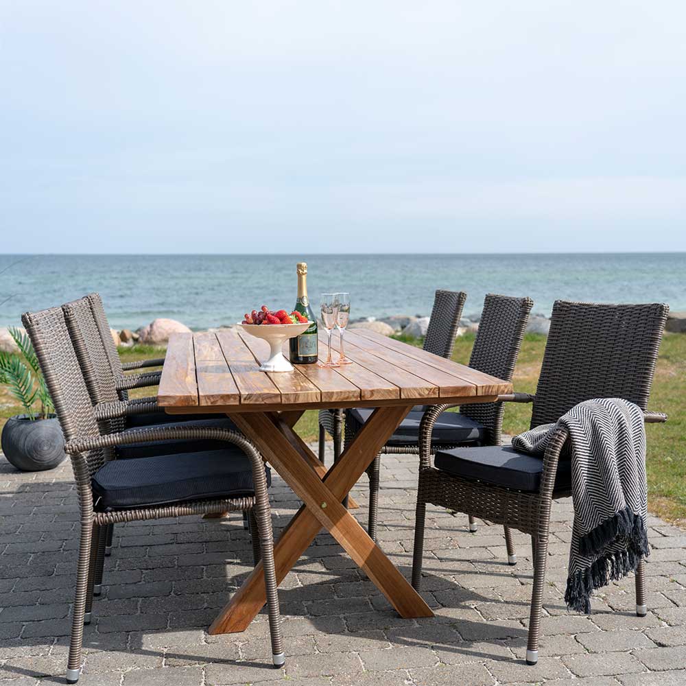 4Home Gartenmöbelset 6 Stühle Kunstrattan Tisch Teakholz (siebenteilig)