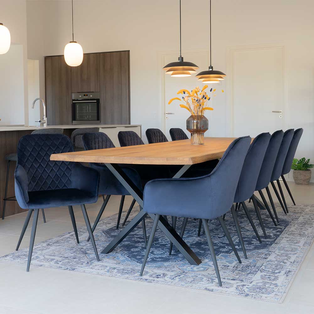 4Home Essgruppe 10 Personen Tisch 300x100 cm Samt Bezüge Blau (elfteilig)